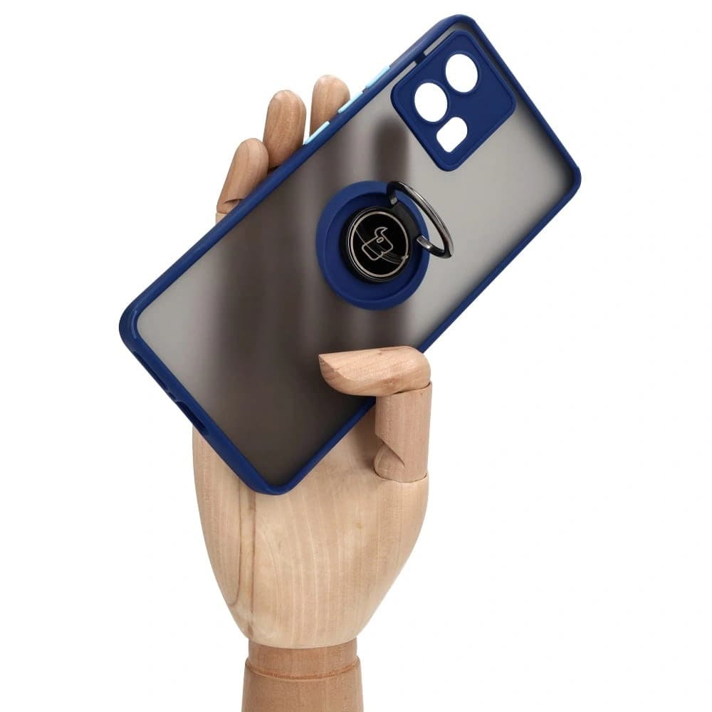 Pouzdro s úchopem na prst Bizon Case Hybrid Ring pro Motorola Edge 30 Fusion, kouřové s modrým rámečkem. - 7