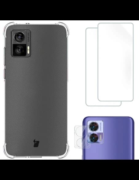 Bizon Case Clear Pack carcasă + 2x film pentru ecran + protecție pentru lentile Motorola Moto Edge 30 Neo transparentă
