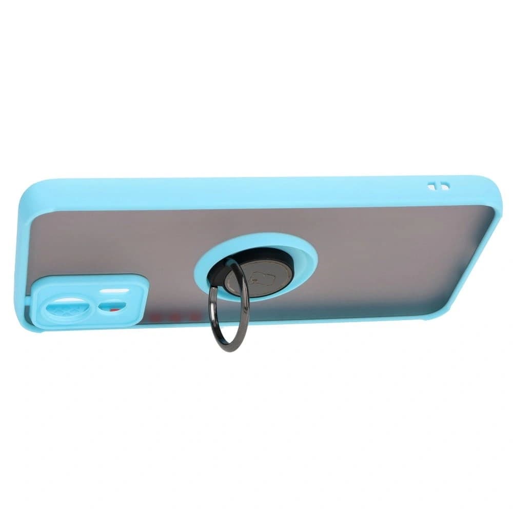 Pouzdro s prstovým úchytem Bizon Case Hybrid Ring pro Motorola Edge 30 Neo kouřové s jasně modrým rámečkem. - 5