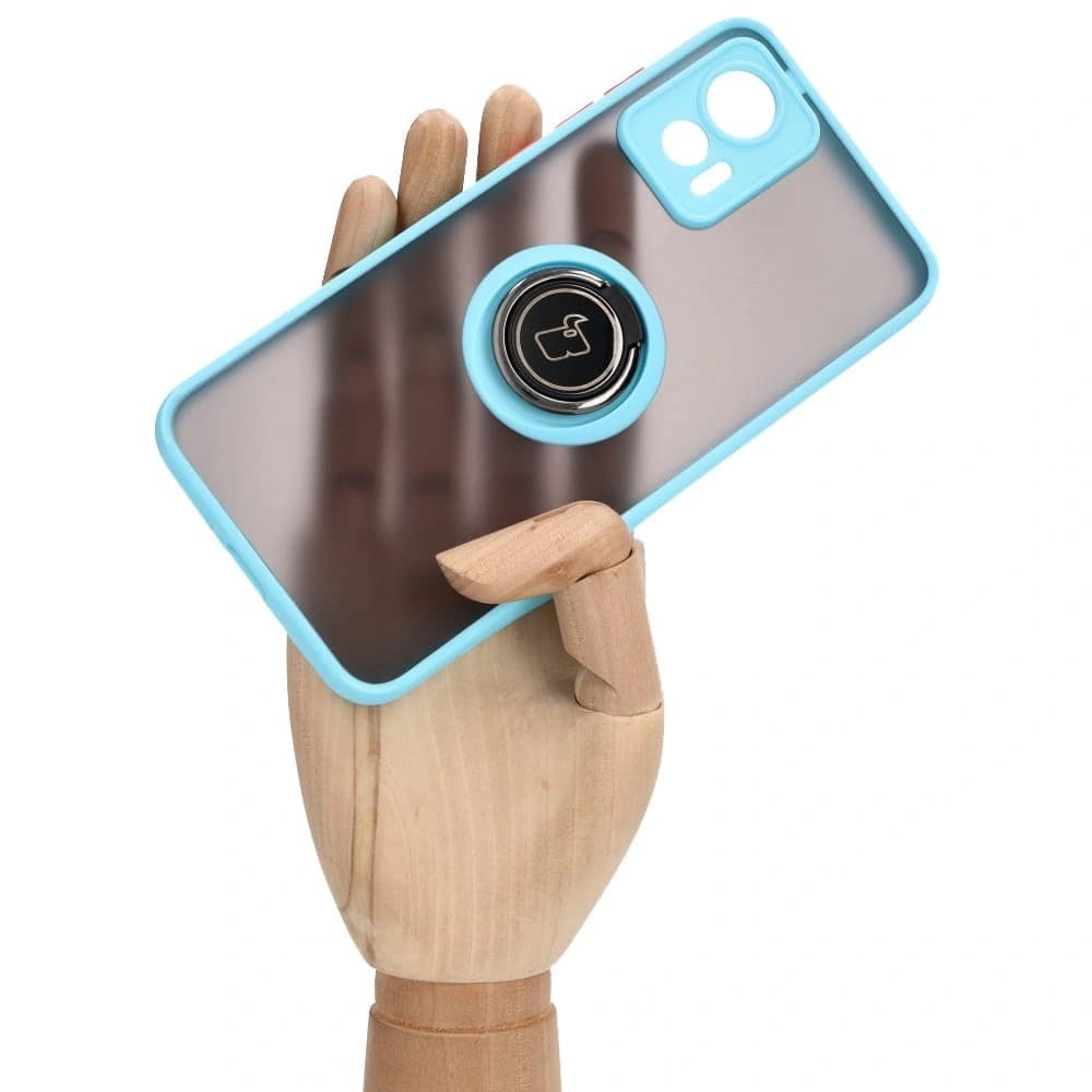 Pouzdro s prstovým úchytem Bizon Case Hybrid Ring pro Motorola Edge 30 Neo kouřové s jasně modrým rámečkem. - 6