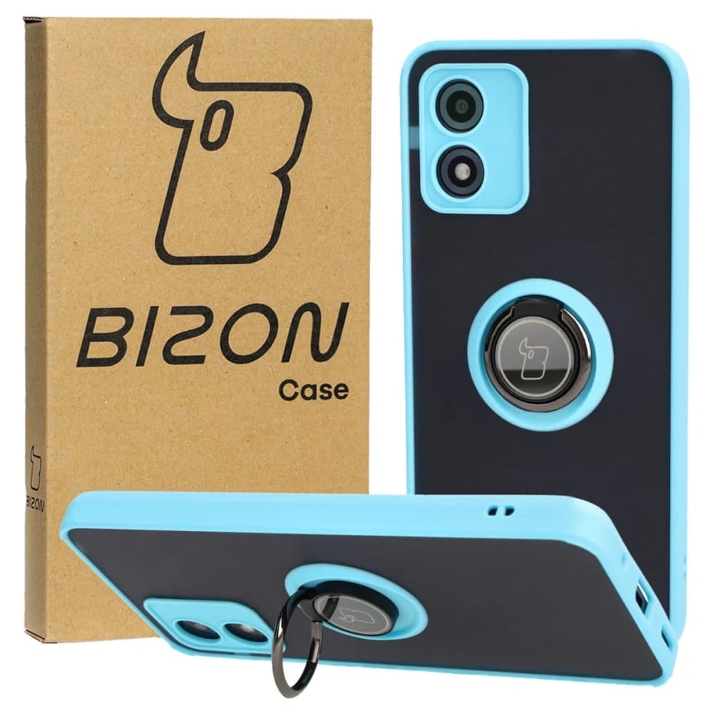 Bizon Case Hybrid Ring Motorola Moto E13 rauchig mit einem hellblauen Rahmen
