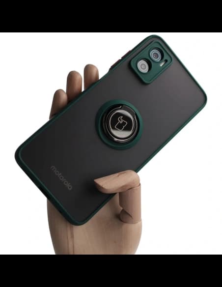 Bizon Case Hybrid Ring Motorola Moto E22 / E22i rauchig mit einem dunkelgrünen Rahmen