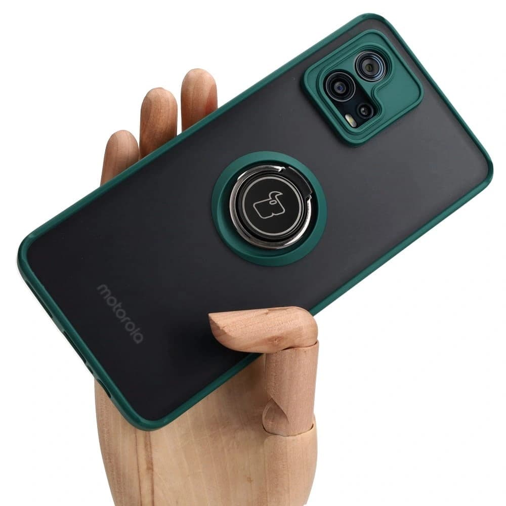 Bizon Case Hybrid Ring Motorola Moto G72 füstös színben, sötétzöld kerettel