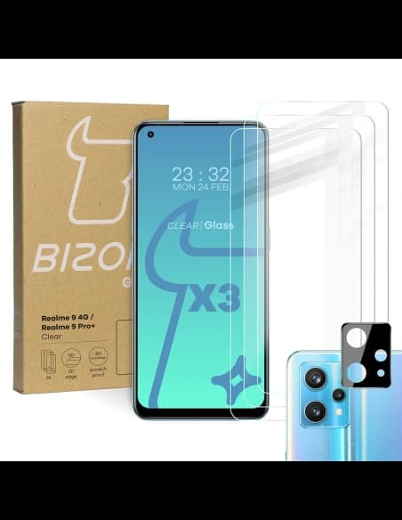 Bizon Glas Klar gehärtetes Glas - 3 Stück + Linsen Glas Realme 9 4G / Realme 9 Pro+
