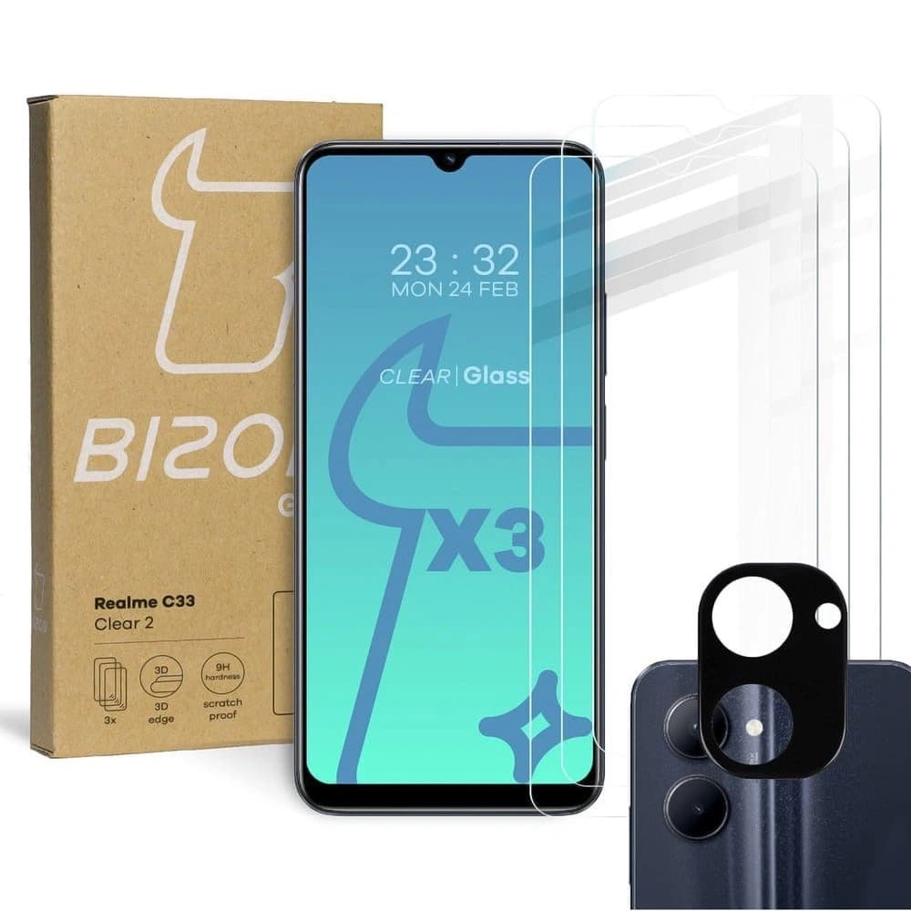 3x Sklo na displej + sklo na fotoaparát BIZON Clear 2 pro Realme C33