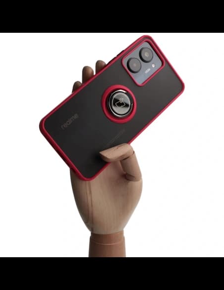 Etui s úchopem na prst Bizon Case Hybrid Ring pro Realme C33 / C30 / Narzo 50i Prime kouřové s červeným rámečkem