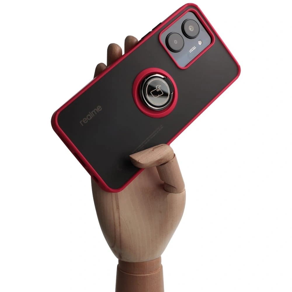 Etui s úchopem na prst Bizon Case Hybrid Ring pro Realme C33 / C30 / Narzo 50i Prime kouřové s červeným rámečkem