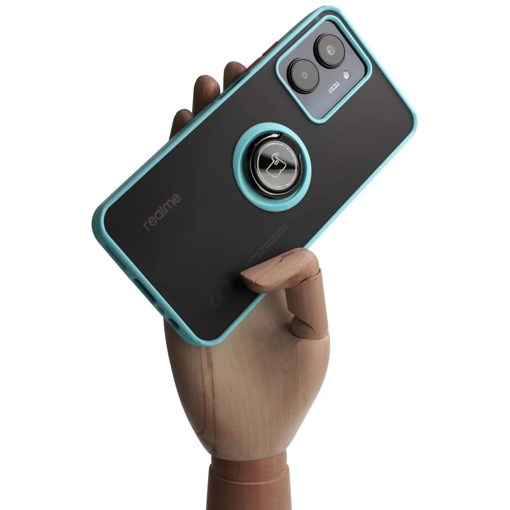 Pouzdro s držákem na prst Bizon Case Hybrid Ring pro Realme C33 / C30 / Narzo 50i Prime kouřové s jasně modrým rámem