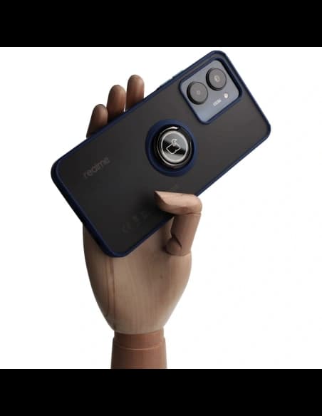 Etui s držákem na prst Bizon Case Hybrid Ring pro Realme C33 / C30 / Narzo 50i Prime kouřové s modrým rámečkem