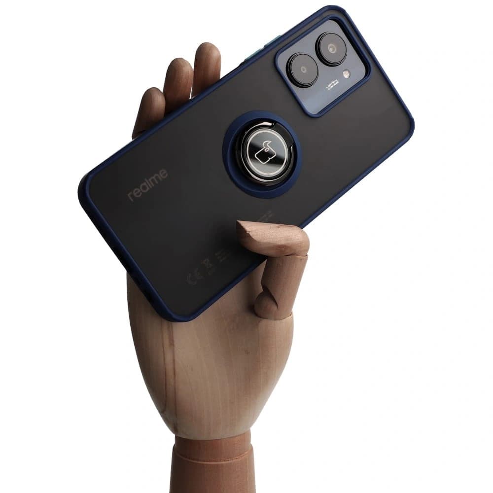 Etui s držákem na prst Bizon Case Hybrid Ring pro Realme C33 / C30 / Narzo 50i Prime kouřové s modrým rámečkem