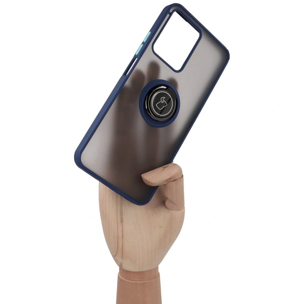 Etui s držákem na prst Bizon Case Hybrid Ring pro Realme C33 / C30 / Narzo 50i Prime kouřové s modrým rámečkem - 7