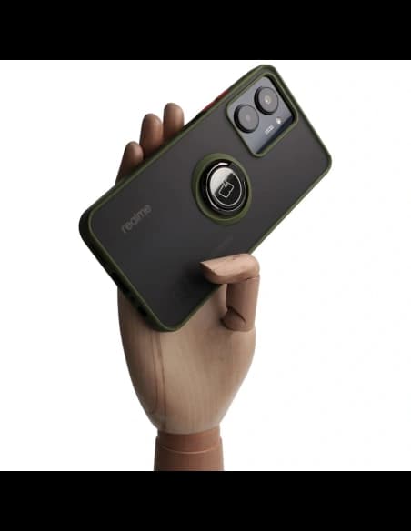 Etui s úchopem na prst Bizon Case Hybrid Ring pro Realme C33 / C30 / Narzo 50i Prime kouřové s zeleným rámečkem