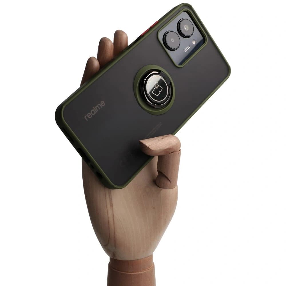 Etui s úchopem na prst Bizon Case Hybrid Ring pro Realme C33 / C30 / Narzo 50i Prime kouřové s zeleným rámečkem