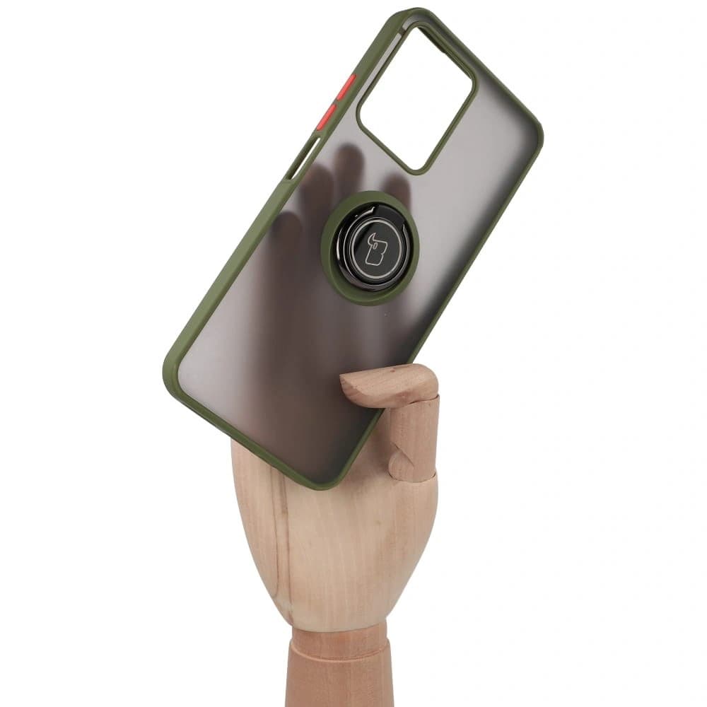 Etui s úchopem na prst Bizon Case Hybrid Ring pro Realme C33 / C30 / Narzo 50i Prime kouřové s zeleným rámečkem - 6