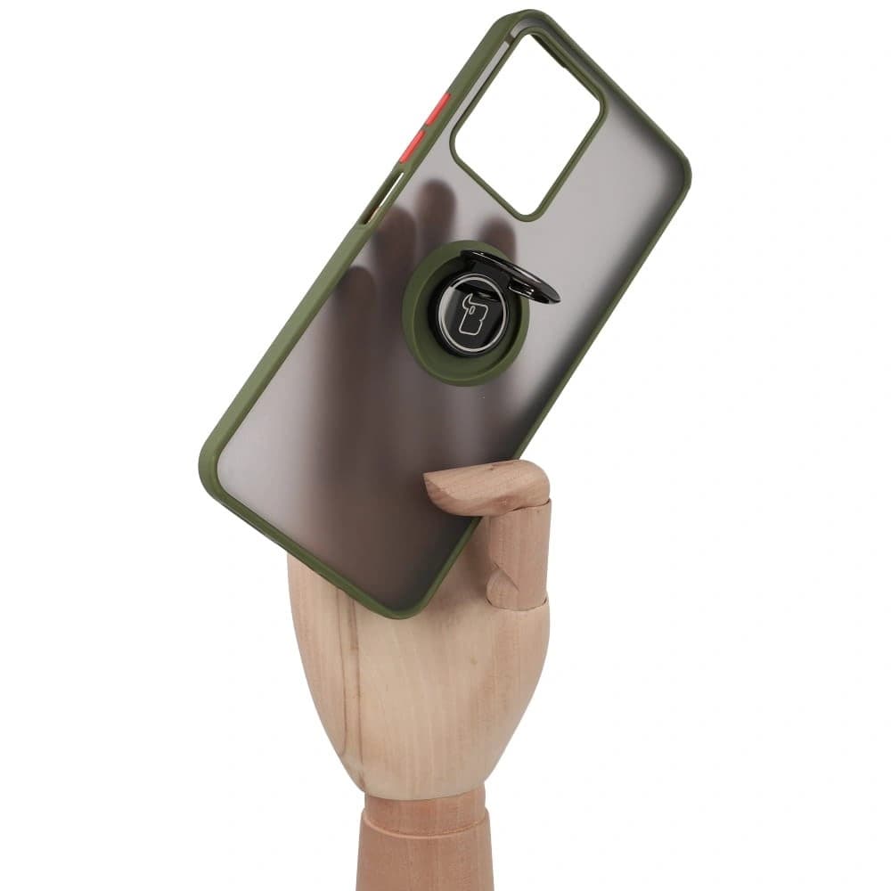 Etui s úchopem na prst Bizon Case Hybrid Ring pro Realme C33 / C30 / Narzo 50i Prime kouřové s zeleným rámečkem - 7