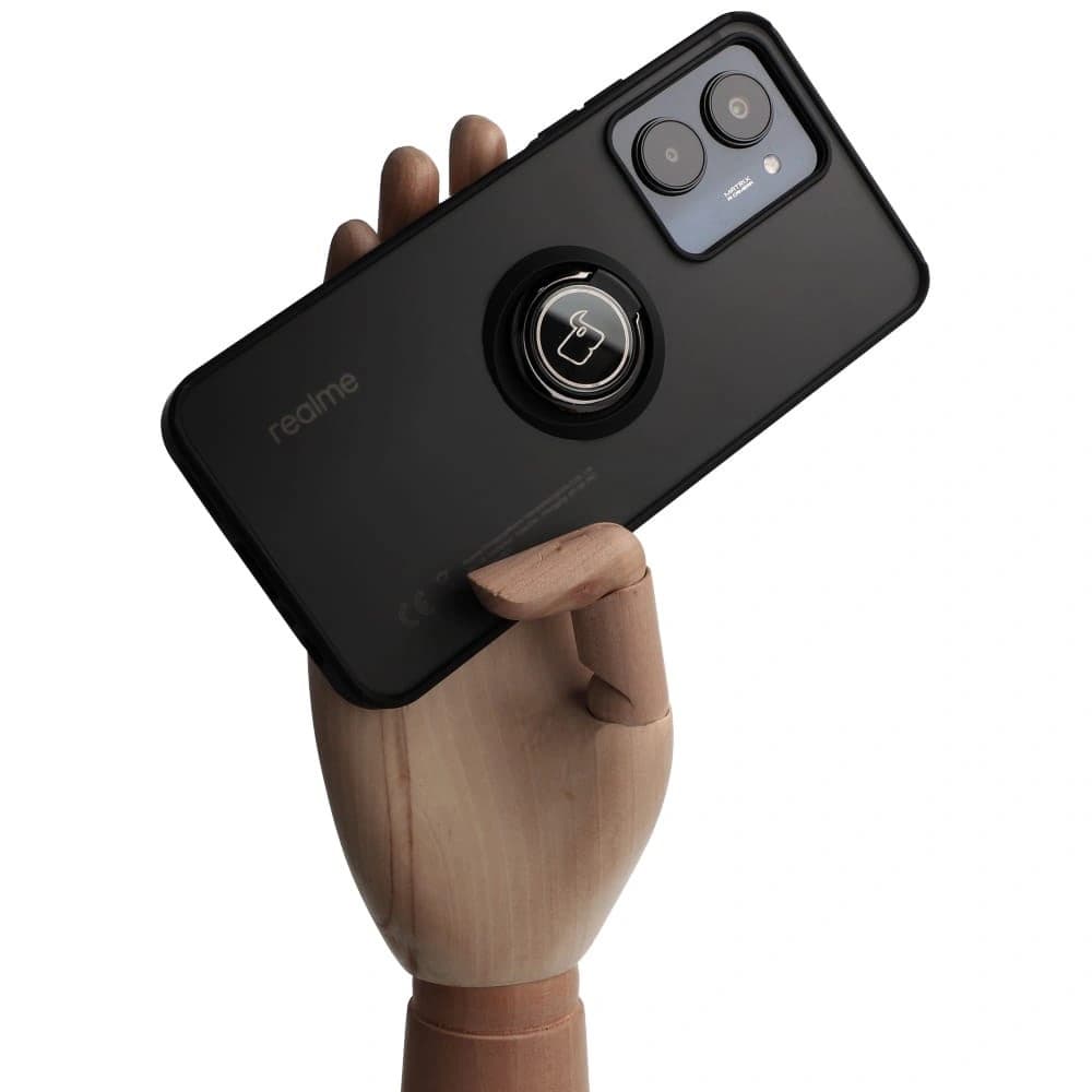 Etui s úchytem na prst Bizon Case Hybrid Ring pro Realme C33 / C30 / Narzo 50i Prime kouřové s černým rámečkem