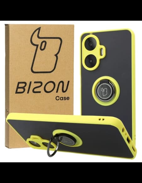 Etui s úchopem na prst Bizon Case Hybrid Ring pro Realme C55 kouřové se žlutým rámem.