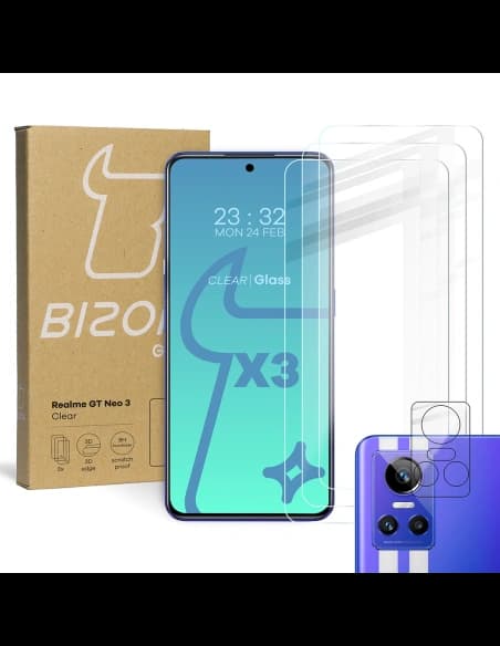 Bizon Glass Clear edzett üveg - 3 db. + lencse üveg Realme GT Neo 3-hoz