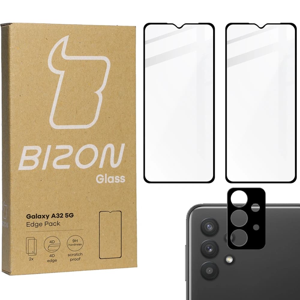 BIZON Edge Pack 2x Bildschirmglas + Kameraglas Samsung Galaxy A32 5G