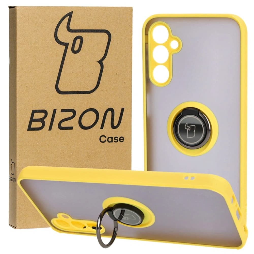 Bizon Case Hybrid Ring Samsung Galaxy M14 5G fumuriu cu un cadru galben