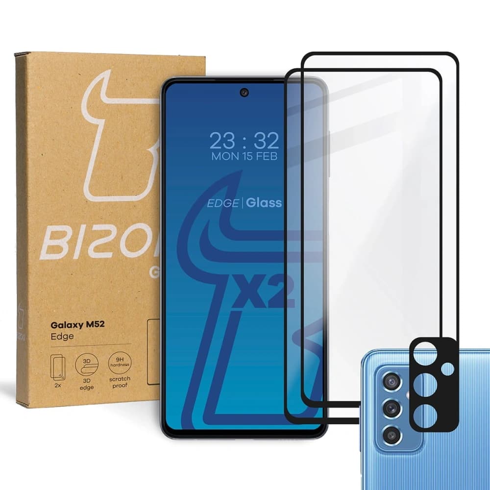 Bizon Edge de sticlă 2x sticlă întărită + protecție pentru lentilă Samsung Galaxy M52 negru