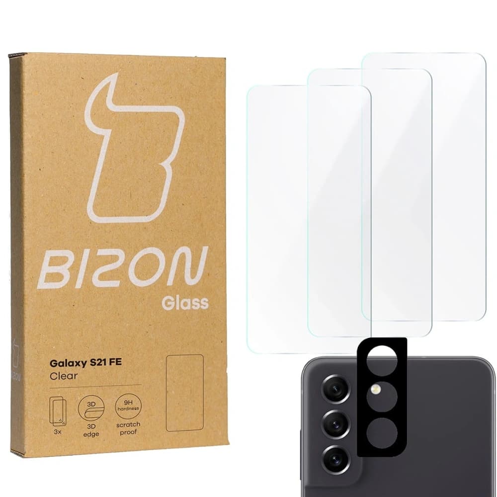 Bizon Glass Clear sticlă temperată - 3 buc. + sticlă lentilă Samsung Galaxy S21 FE