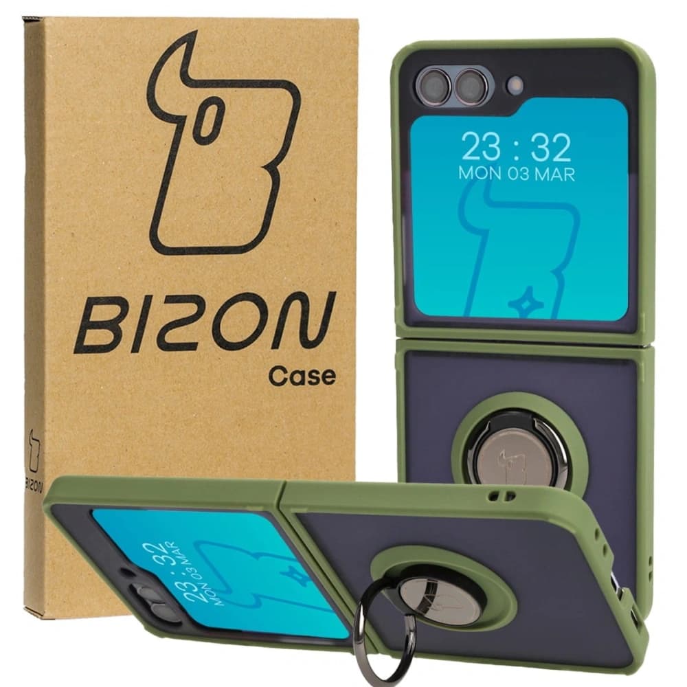 Etui s úchytem na prst Bizon Case Hybrid Ring pro Samsung Galaxy Z Flip5 kouřové se zeleným rámečkem