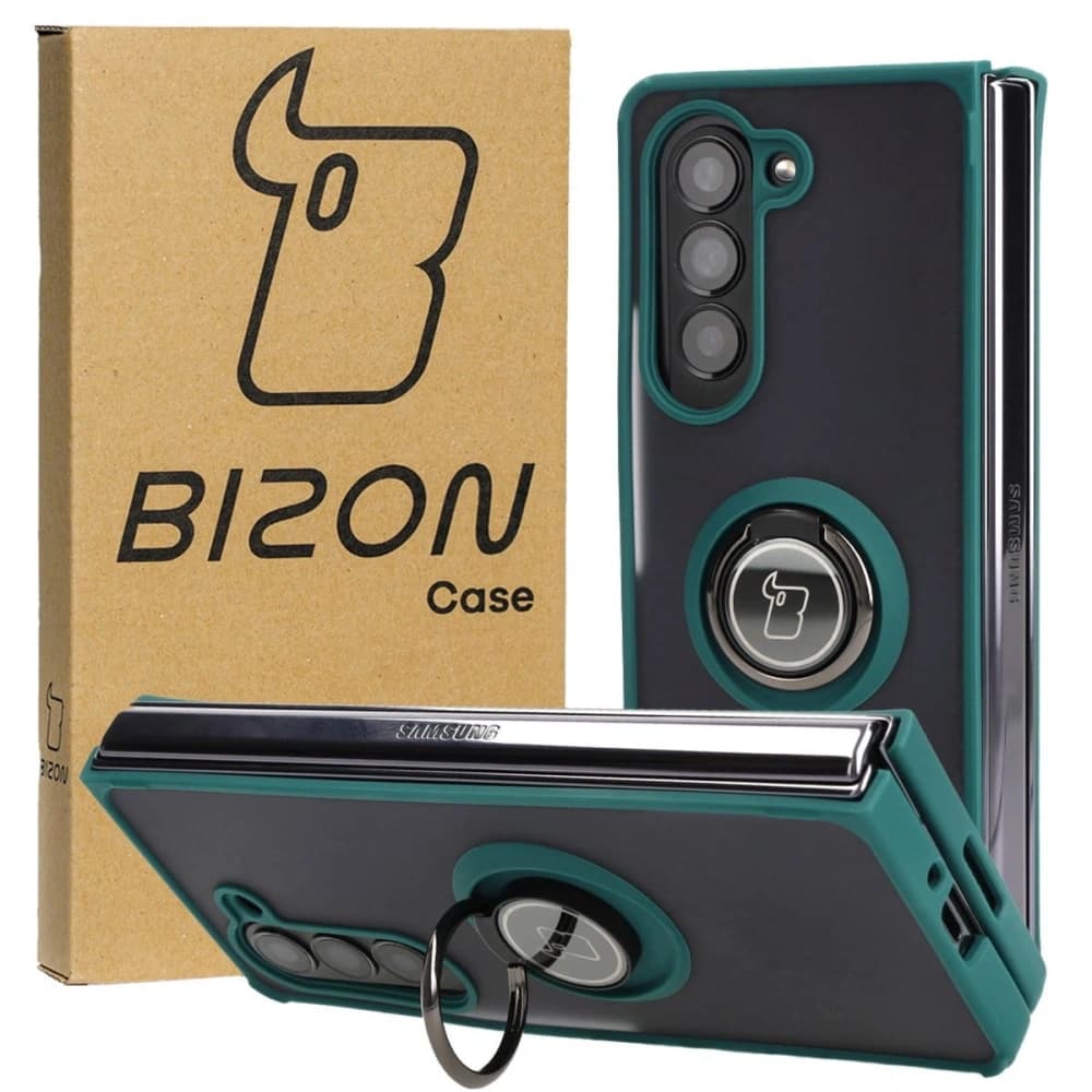 Etui s úchopem na prst Bizon Case Hybrid Ring do Samsung Galaxy Z Fold5 kouřové s tmavě zeleným rámečkem