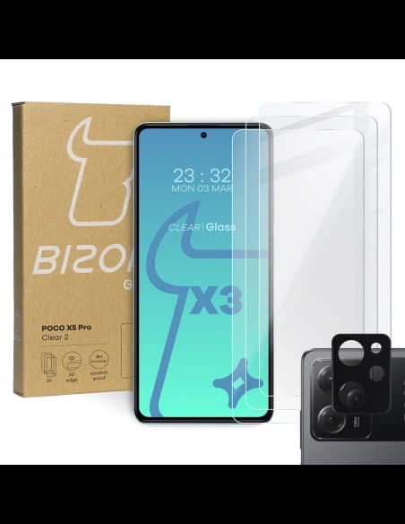 3x Sticlă pentru ecran + sticlă pentru cameră BIZON Clear 2 pentru Poco X5 Pro