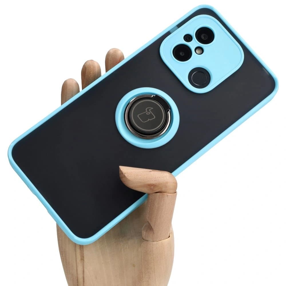 Bizon Case Hybrid Ring Xiaomi Redmi 12C rauchig mit einem hellblauen Rahmen