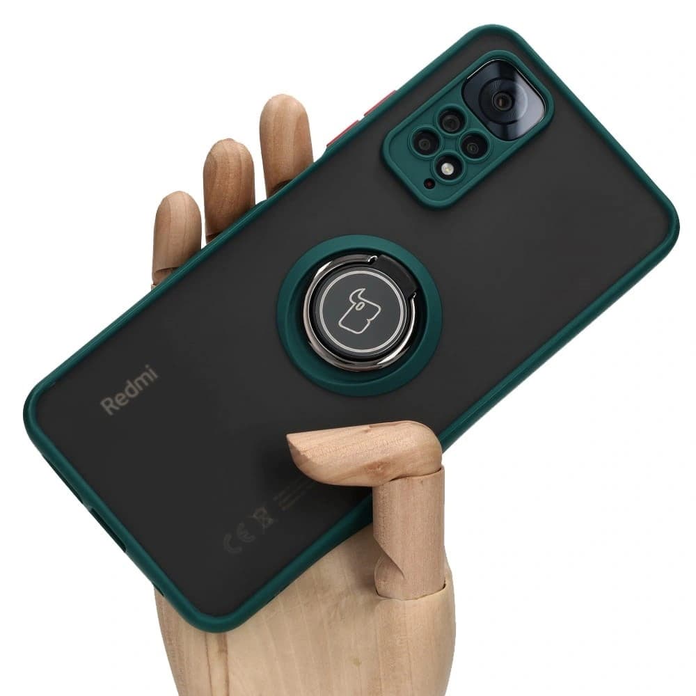 Bizon Case Hybrid Ring Xiaomi Redmi Note 11 / 11S 4G rauchig mit einem dunkelgrünen Rahmen
