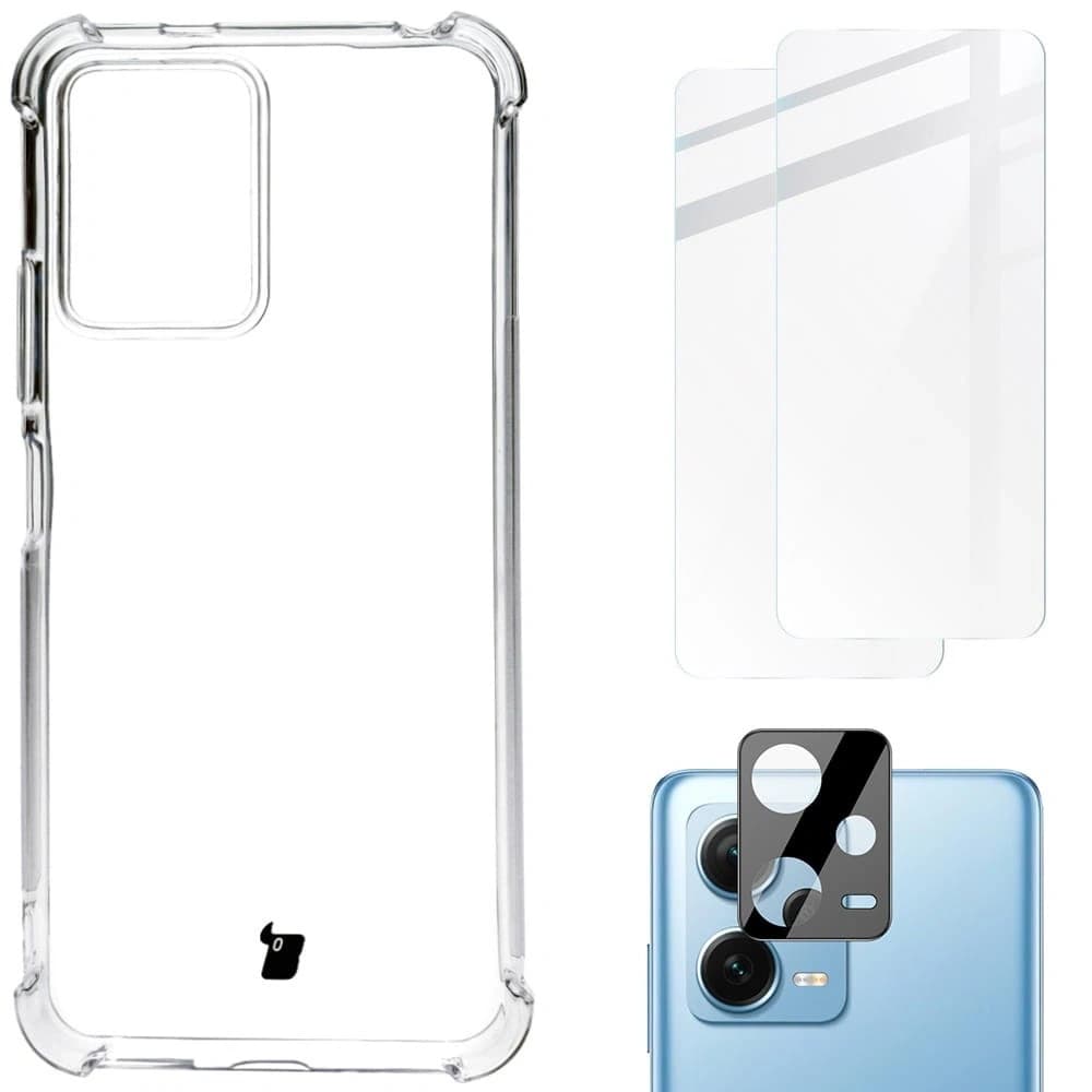 Bizon Case Clear Pack-Hülle + 2x Bildschirmglas + Linsenglas Xiaomi POCO X5 / Redmi Note 12 5G klar