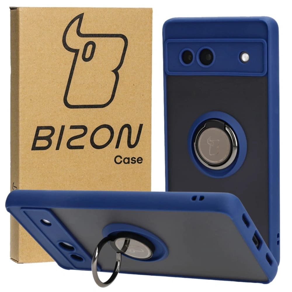 Bizon Case Hybrid Ring Google Pixel 7A rauchig mit einem marineblauen Rahmen