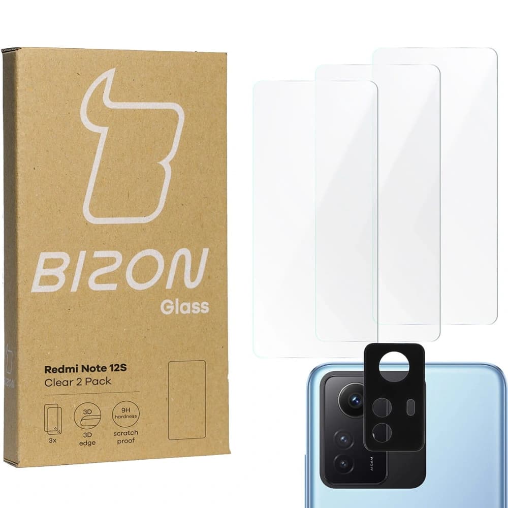 3x Sklo na displej + sklo na fotoaparát BIZON Clear pro Redmi Note 12S