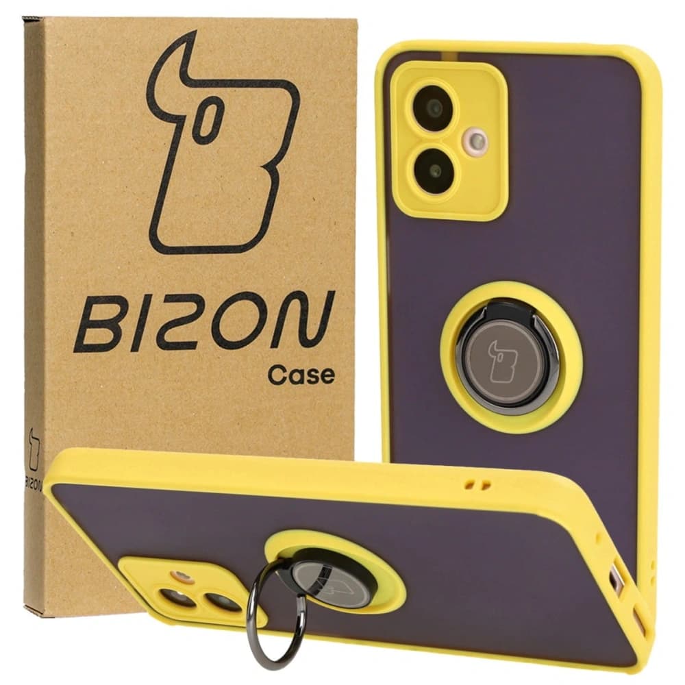 Bizon Case Hybrid Ring Motorola Moto G14 fumuriu cu un cadru galben