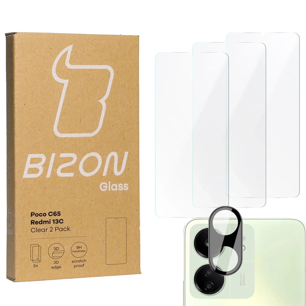 BIZON Clear 3x sticlă de protecție pentru ecran + sticlă pentru cameră Redmi 13C/Poco C65