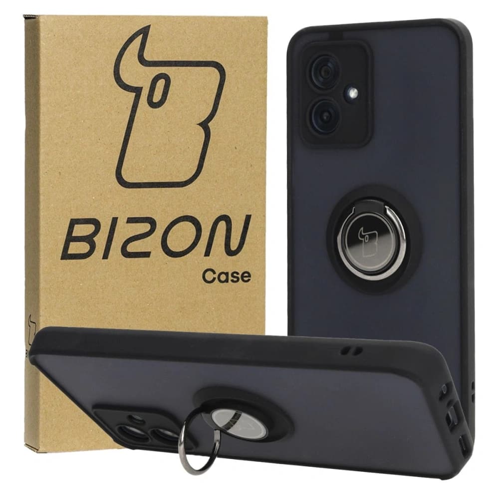 Etui s úchytem na prst Bizon Case Hybrid Ring pro Motorola Moto G54 5G kouřové s černým rámečkem
