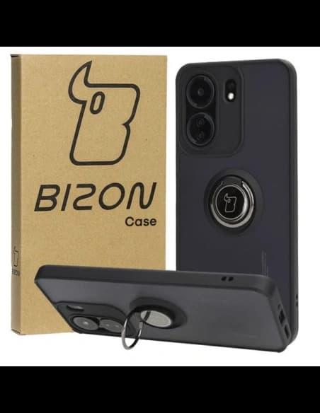 Etui s úchytem na prst Bizon Case Hybrid Ring do Xiaomi Redmi 13C / Xiaomi Poco C65 kouřové s černým rámem