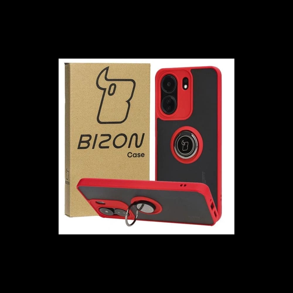 Bizon Case Hybrid Gyűrű Xiaomi Redmi 13C / Xiaomi Poco C65 füstös piros kerettel