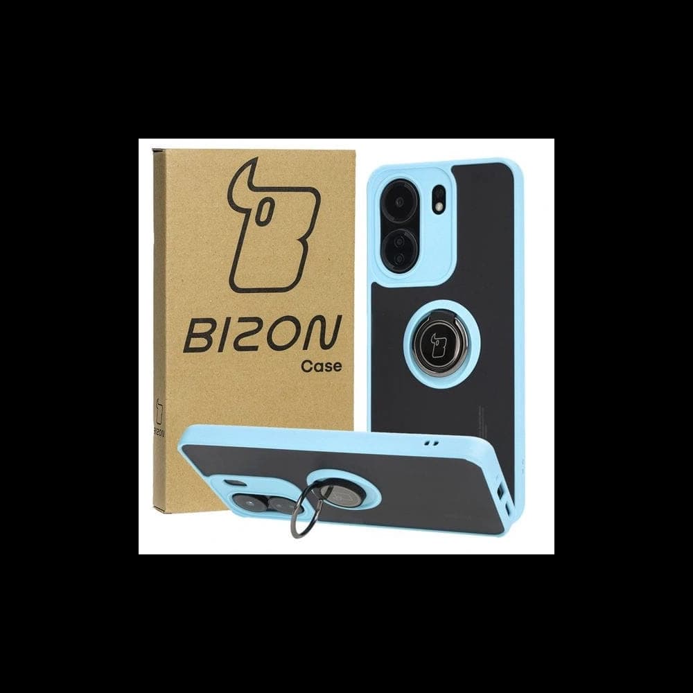 Bizon Case Hybrid Ring Xiaomi Redmi 13C / Xiaomi Poco C65 rauchig mit einem hellblauen Rahmen