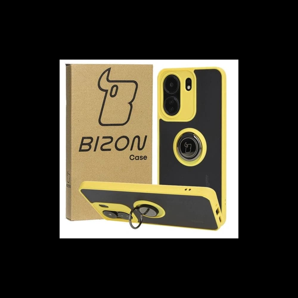Etui z uchwytem na palec Bizon Case Hybrid Ring do Xiaomi Redmi 13C / Xiaomi Poco C65 kouřové se žlutým rámečkem