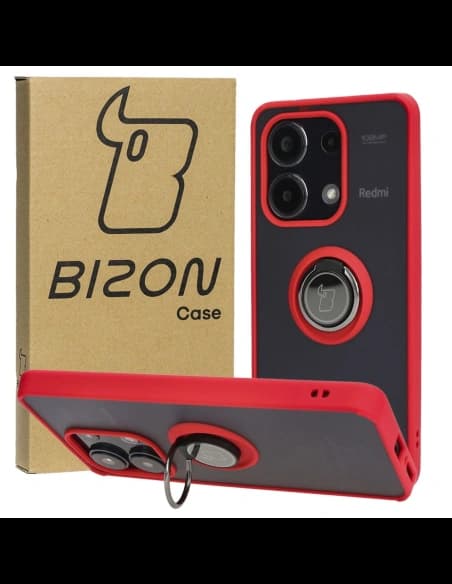Etui s úchytem na prst Bizon Case Hybrid Ring pro Xiaomi Redmi Note 13 4G kouřové s červeným rámečkem