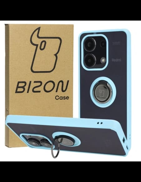 Etui s úchopem na prst Bizon Case Hybrid Ring pro Xiaomi Redmi Note 13 4G kouřové s jasně modrým rámečkem