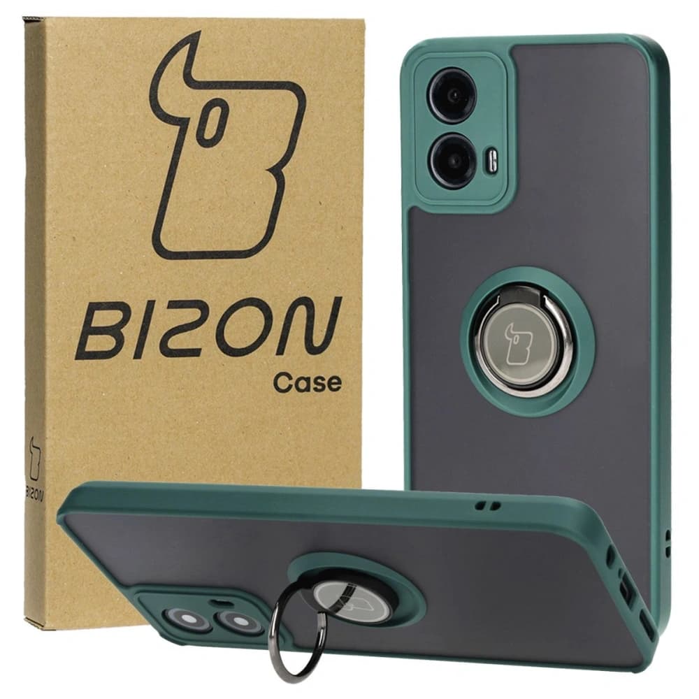 Etui z uchwytem na palec Bizon Case Hybrid Ring do Motorola Moto G34 5G kouřové s tmavě zeleným rámem
