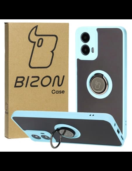 Etui z uchwytem na palec Bizon Case Hybrid Ring do Motorola Moto G34 5G kouřové s jasně modrým rámem