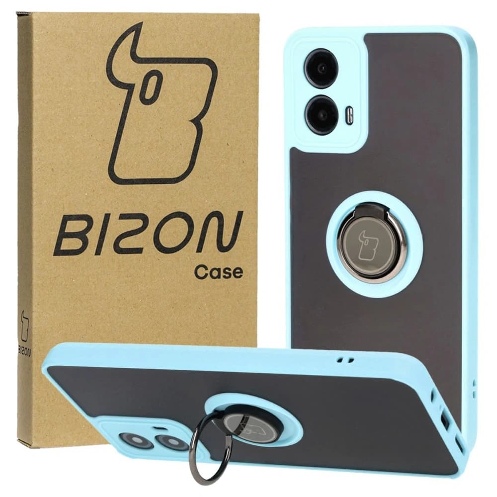 Etui z uchwytem na palec Bizon Case Hybrid Ring do Motorola Moto G34 5G kouřové s jasně modrým rámem