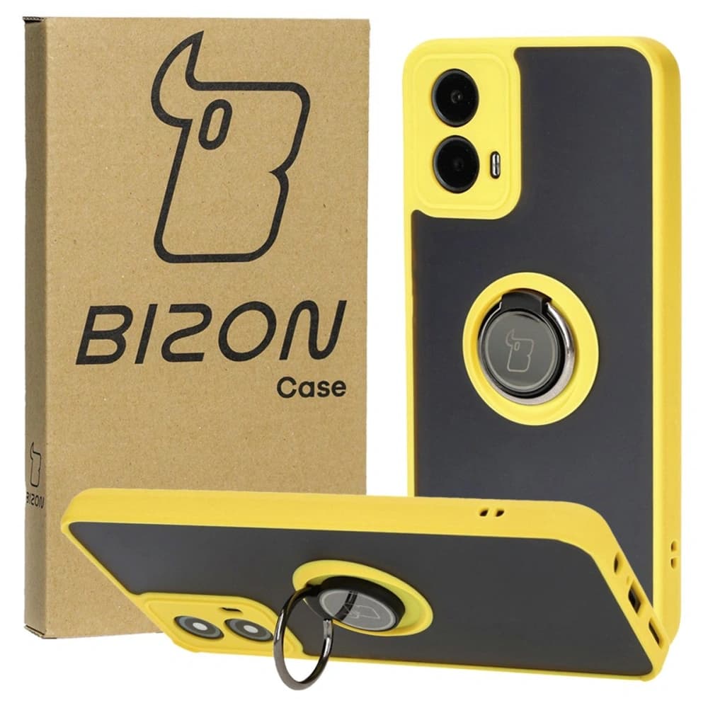 Etui s úchopem na prst Bizon Case Hybrid Ring pro Motorola Moto G34 5G kouřové s žlutým rámečkem