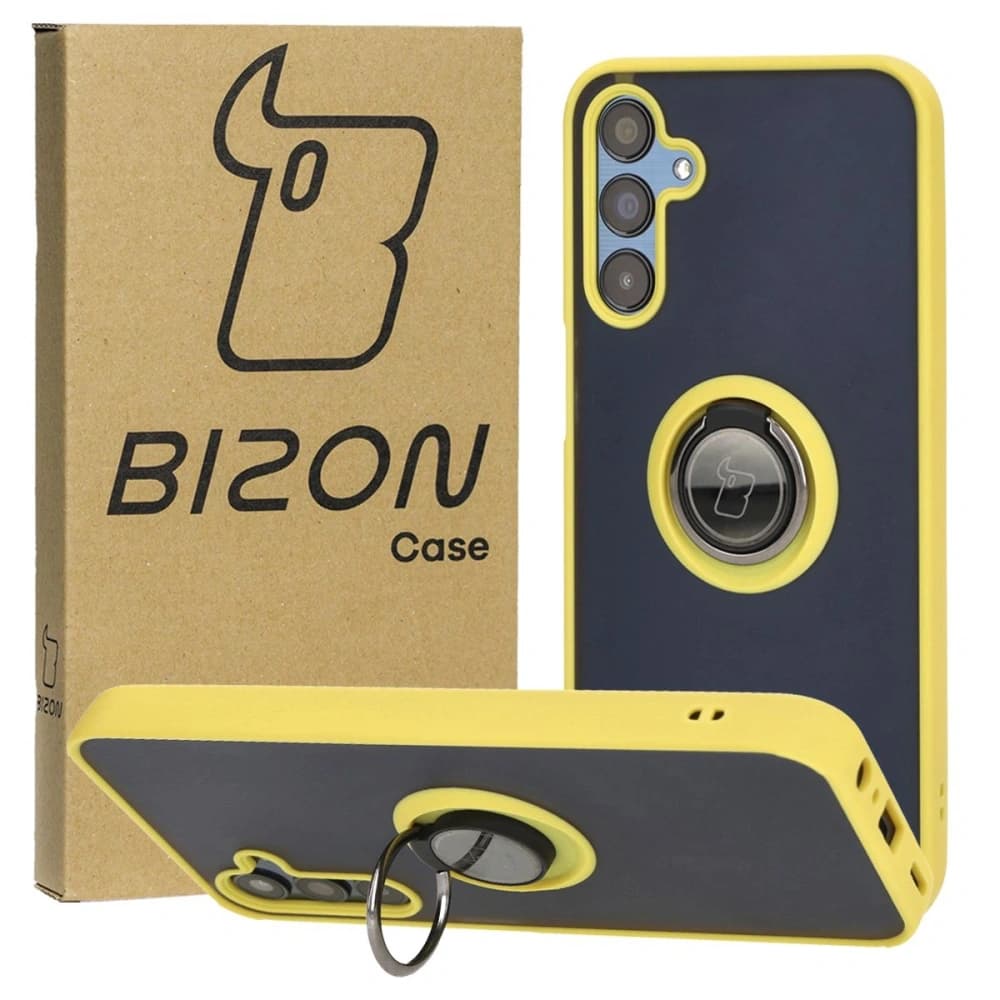 Etui s úchytem na prst Bizon Case Hybrid Ring pro Samsung Galaxy M15 5G kouřové s žlutým rámečkem