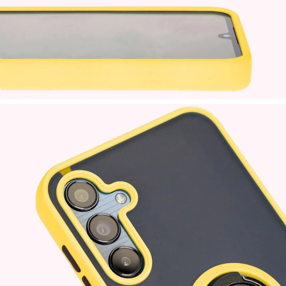 Etui s úchytem na prst Bizon Case Hybrid Ring pro Samsung Galaxy M15 5G kouřové s žlutým rámečkem - 7
