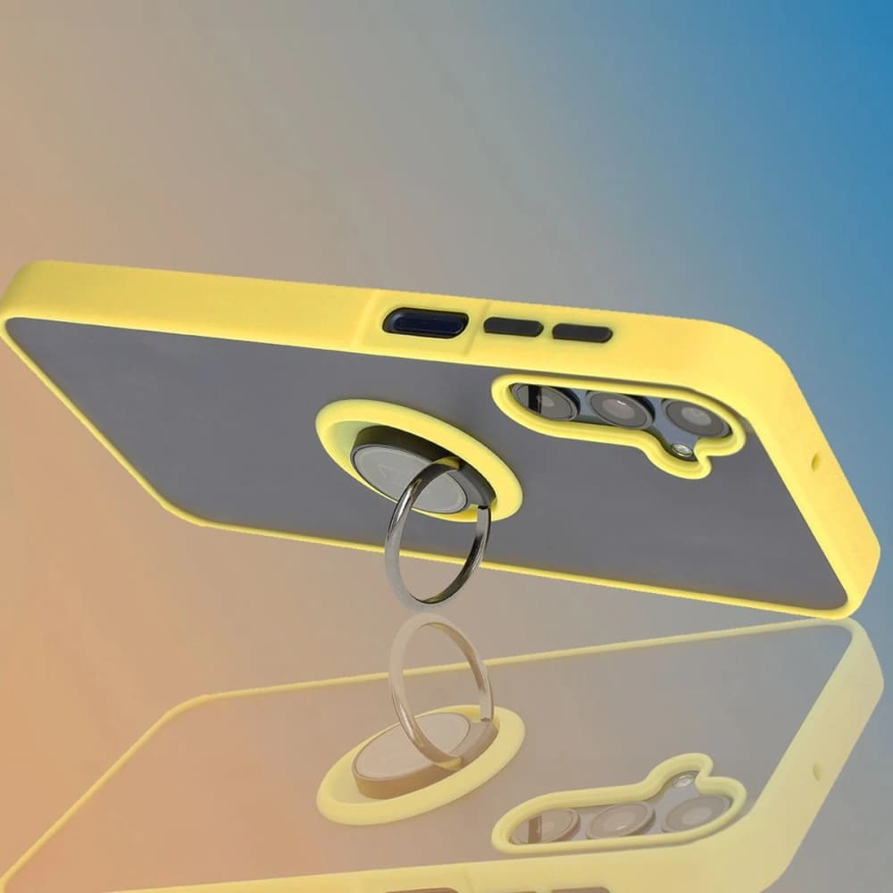 Etui s úchytem na prst Bizon Case Hybrid Ring pro Samsung Galaxy M15 5G kouřové s žlutým rámečkem - 9